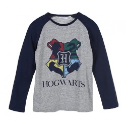 Camiseta Manga Larga Niño Gris y Azul Hogwarts Harry Potter