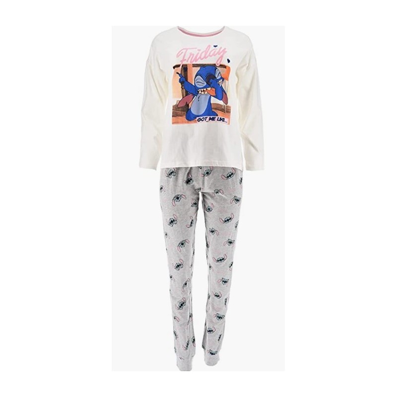 Pijama Largo Blanco y Gris Stitch Disney