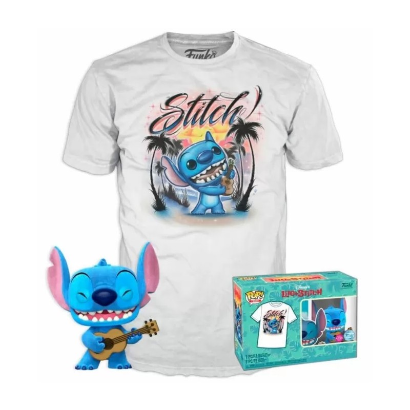 Pack Figura POP Stitch cun Ukelele (Terciopelo) & Camiseta Stitch Disney